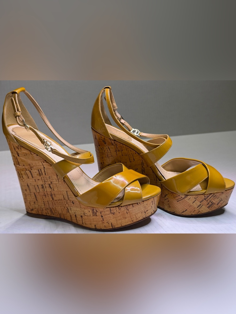 Christian Dior Yellow Patent Leather Cork Platform Wedge Sandals Vintage Y2K 38